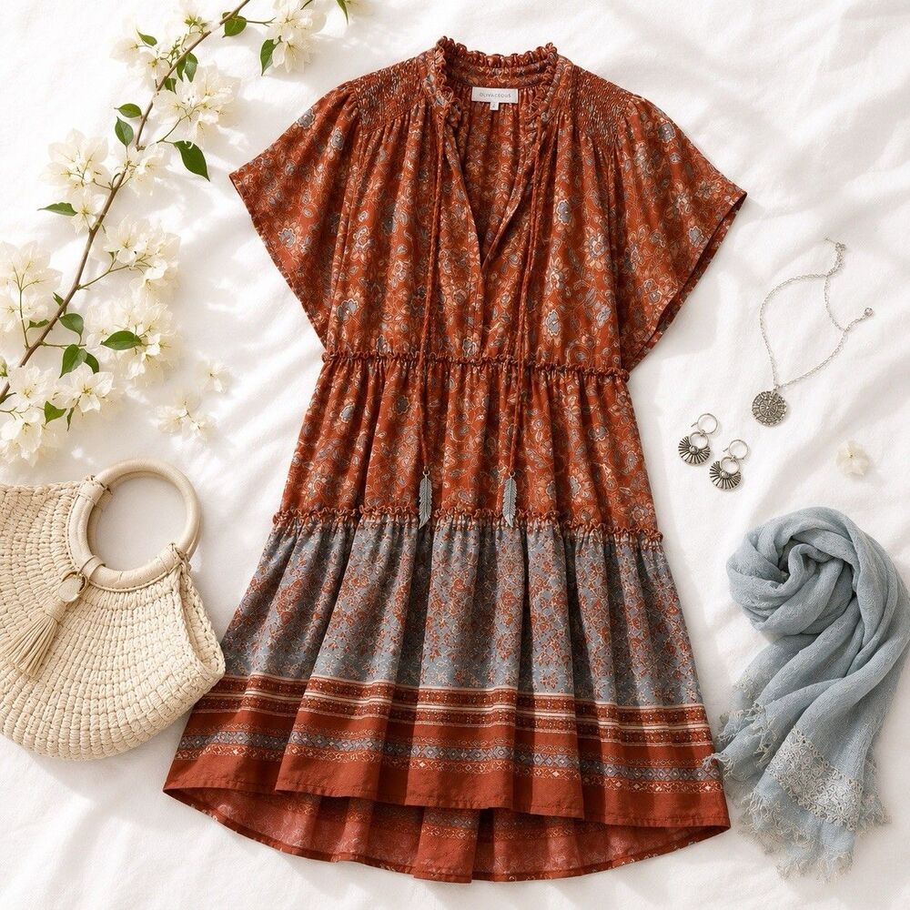 Olivaceous Boho Babydoll Mini Dress Rayon Cotton Floral Oversized S